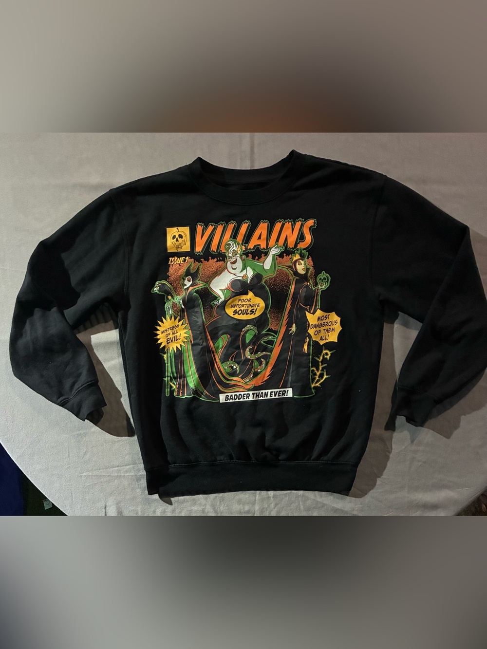 Disney Black Sweatshirt with Green & Orange Villains Comic Art